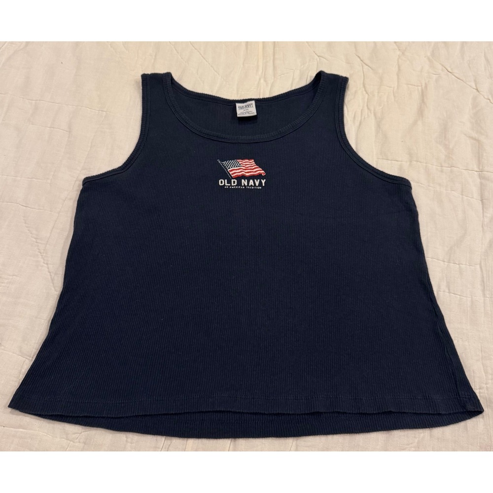 Old Navy Womens XXL Navy Blue Ribbed American Flag Tank Top Cotton Graphic Tee
